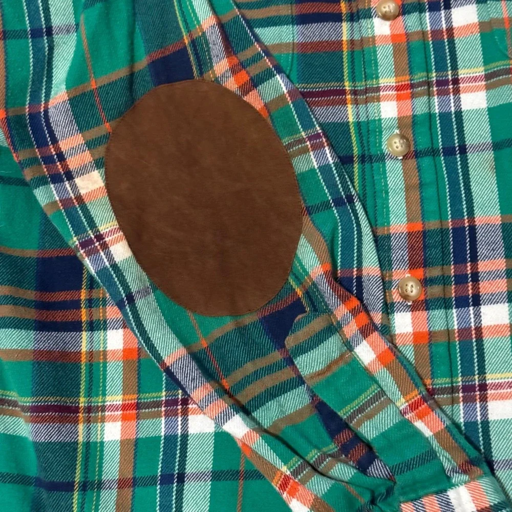 Polo Ralph Lauren Mens Flannel Shirt Green Plaid Elbow Patches Cotton Medium - Picture 4 of 7